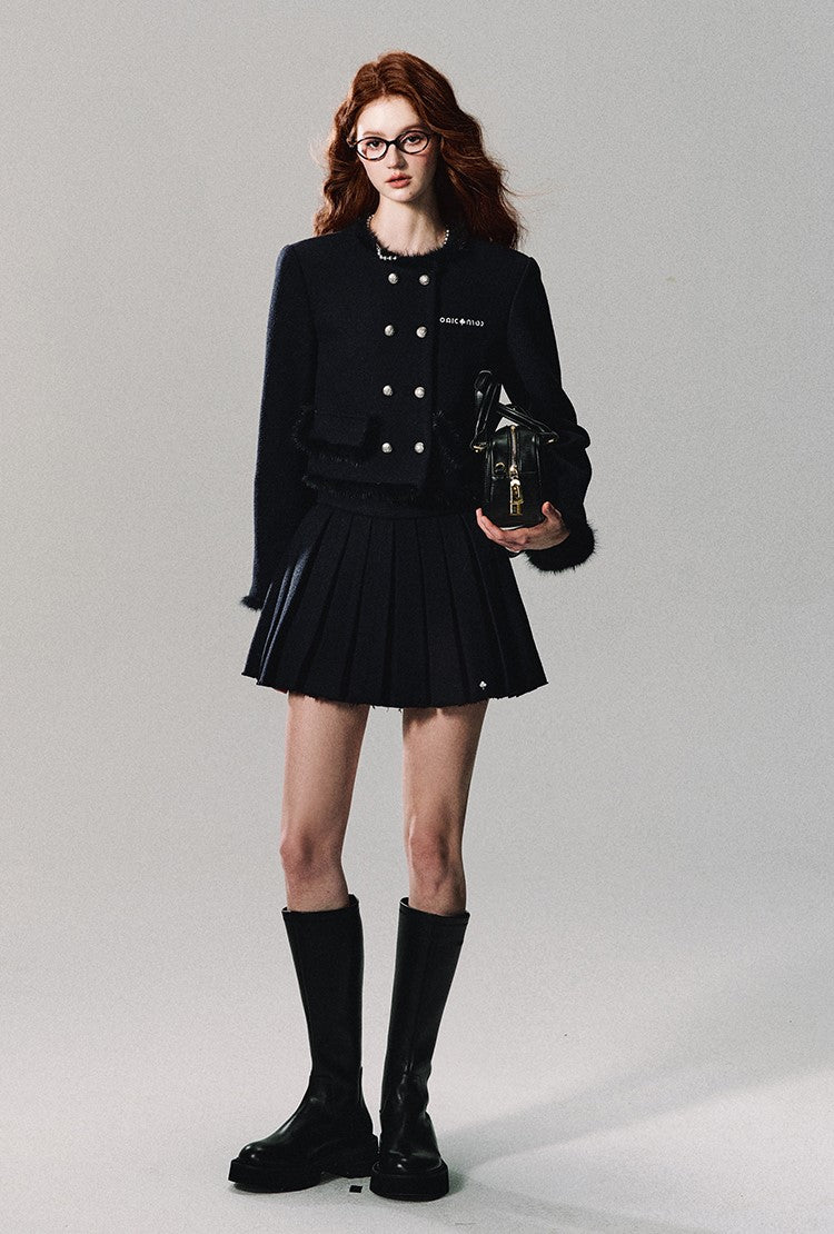 Double Breasted Tweed Jacket/pleated Skirt