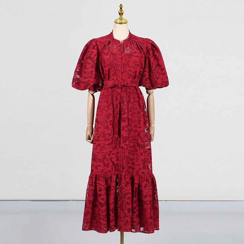 Retro Design Maxi Dress Spring Summer Single Breasted Printed Lace Up Short Sleeve Long Pattern Dress