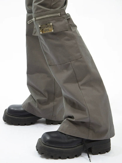 Black Flared Cargo Pants With Multiple Pockets