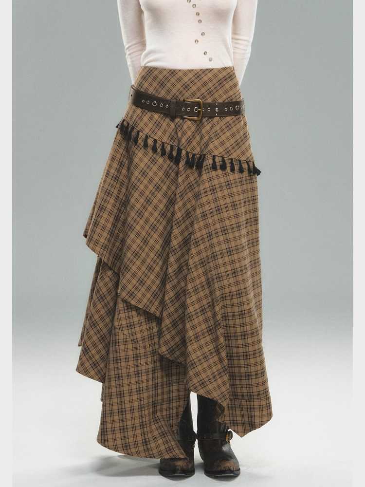 Tassel Plaid Asymmetric Skirt