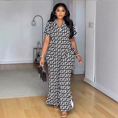 Printed V Neck Pleating Wide Leg Pants Two Piece Set