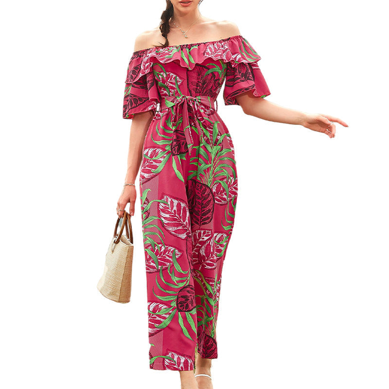 Clothing Off-shoulder Jumpsuit Summer Short Sleeve Chiffon Vacation Beach Jumpsuit