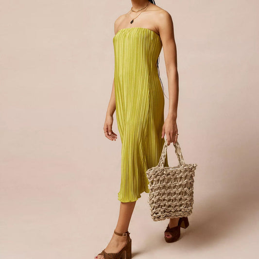 Color Pleated Tube Top Backless Maxi Dress Summer Loose Dress