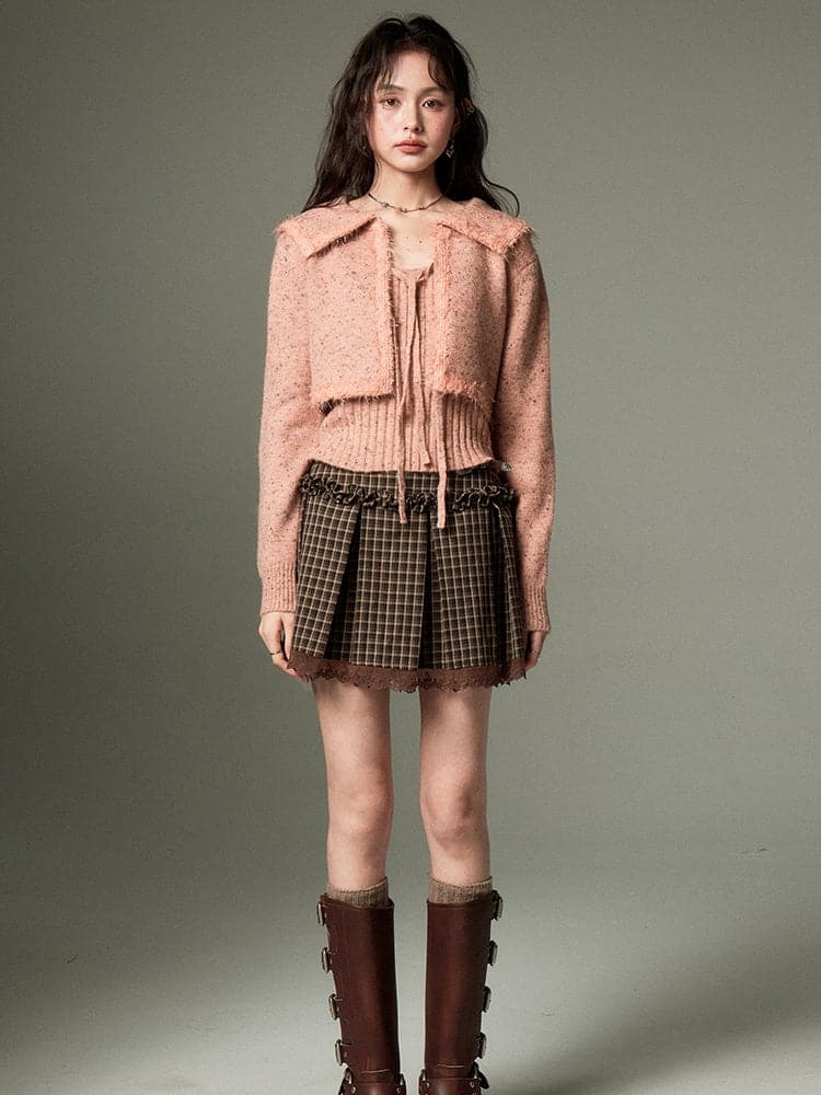 Cropped Knitted Cardigan & Camisole Set With Big Collar