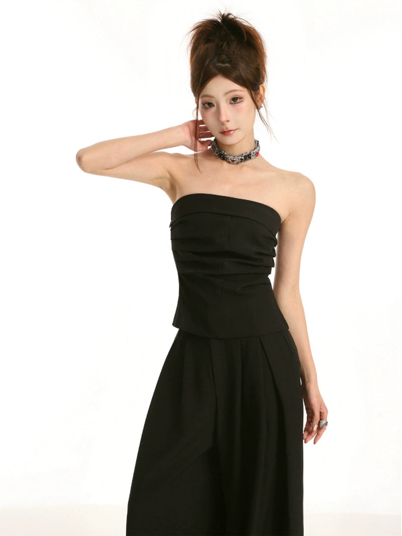 Black High-waisted Straight Cut Wide-leg Pants Set