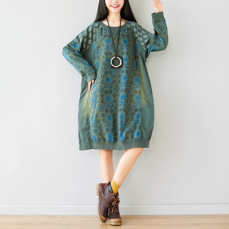 Artistic Stitching Round Neck Sweater Mid Length Drop Shoulder Coat Dress Korean Loose