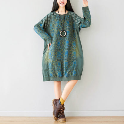 Artistic Stitching Round Neck Sweater Mid Length Drop Shoulder Coat Dress Korean Loose