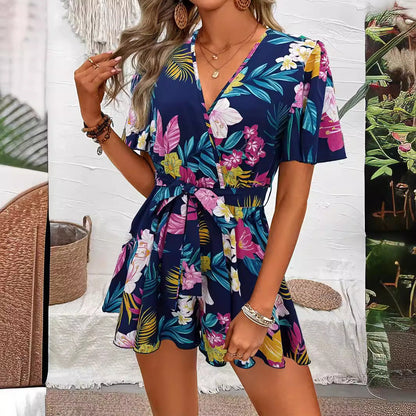 Beach Vacation Ruffle Sleeve Cross Collar Belt Short Culottes Loose Printed Jumpsuit