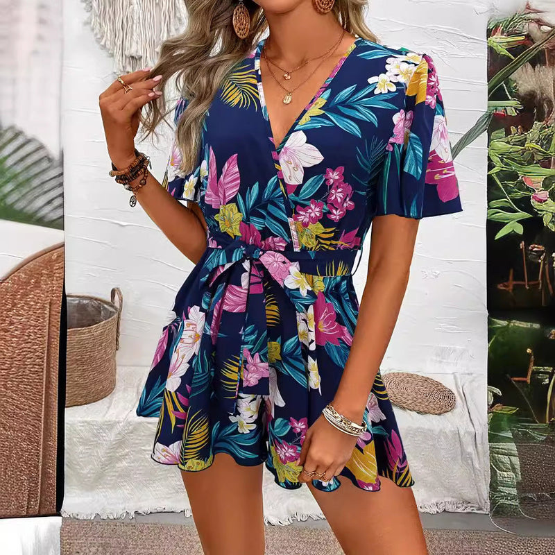Beach Vacation Ruffle Sleeve Cross Collar Belt Short Culottes Loose Printed Jumpsuit