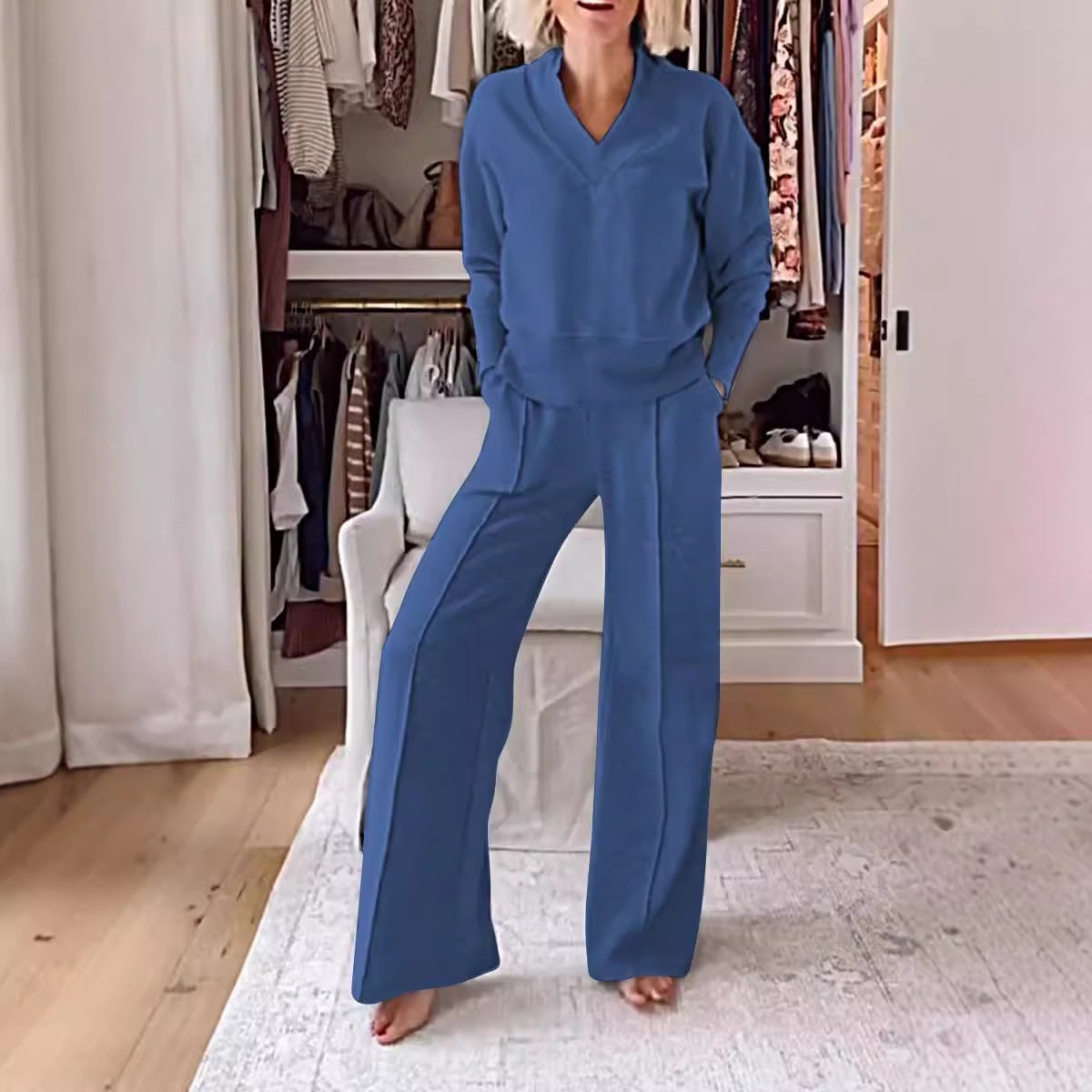 Autumn V Neck Long Sleeve Loose Top Wide Leg Pants Two Piece Set