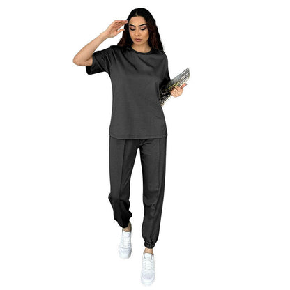 Summer Color Round Neck Short Sleeves Pullover Ankle Banded Pants