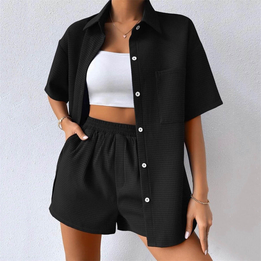 Summer Suit Loose Short Sleeved Shirt Elastic Waist Shorts Two Piece Set