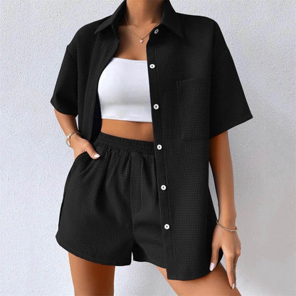 Summer Suit Loose Short Sleeved Shirt Elastic Waist Shorts Two Piece Set