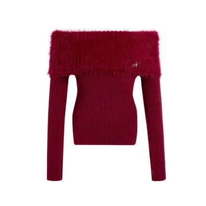 Thick Off-shoulder Mink Cashmere Knit Sweater