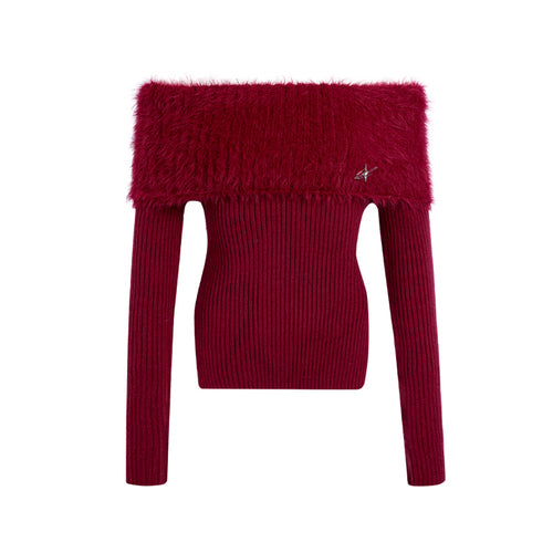 Thick Off-shoulder Mink Cashmere Knit Sweater