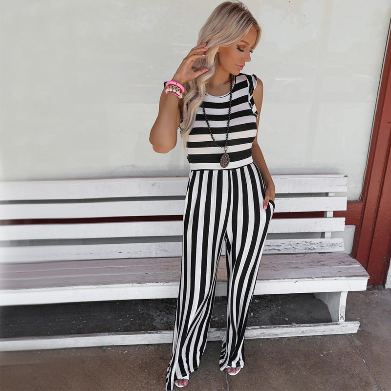 Summer Striped Round Neck Sleeveless Jumpsuit