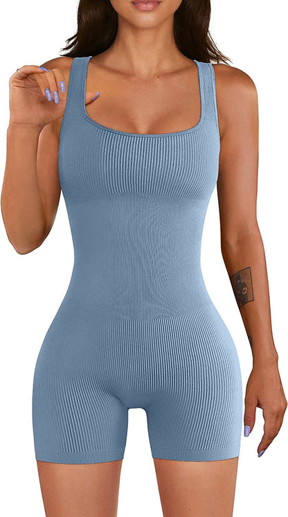Yoga Jumpsuit Workout Ribbed Square Collar Sleeveless Sports Jumpsuit