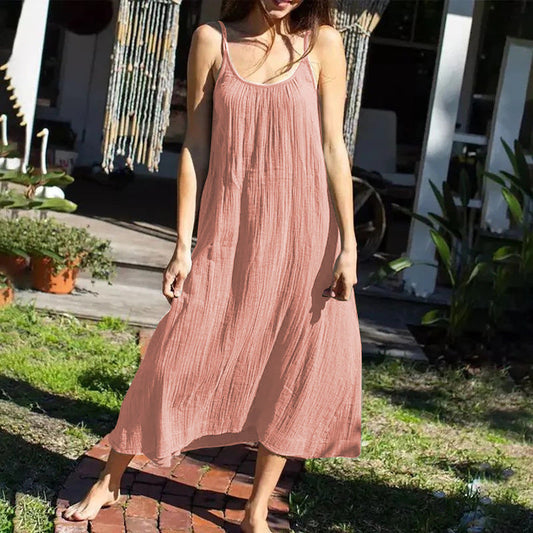 Cotton Cami Dress Summer Vacation Maxi Dress Loose Color Backless Double Layer Gauze Sleeveless Dress
