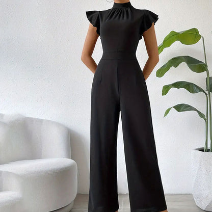 Stand Collar Ruffle Wide Leg Pants Draping Effect Trousers Sleeveless Jumpsuit Pants Pants Summer