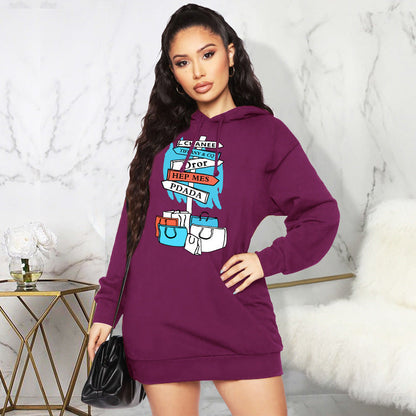 Autumn Winter Fleece Sweater Print Hooded Mid Length Top