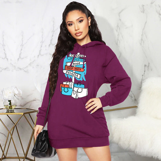Autumn Winter Fleece Sweater Print Hooded Mid Length Top