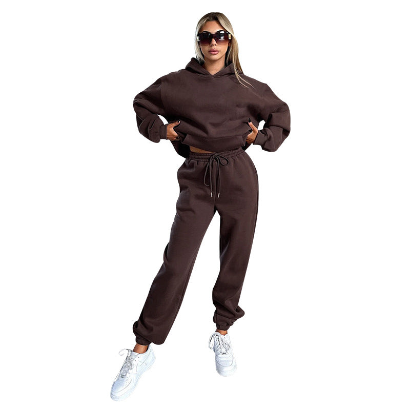 Autumn Winter Color Long Sleeve Hooded Fleece Lined Sweater Trousers Sets