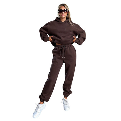 Autumn Winter Color Long Sleeve Hooded Fleece Lined Sweater Trousers Sets