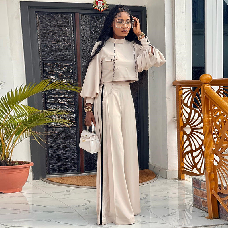 Clothing Spring Loose Mock Neck Long Sleeve Top Wide Leg Pants Suit