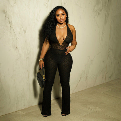 Fall Clothing Halter Deep V Plunge Neck Lace See Through Lace Up Backless Jumpsuit