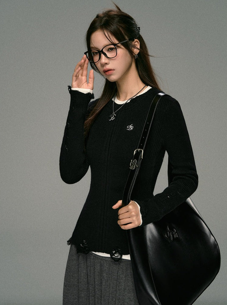 Distressed Ribbed Knit Sweater - Frayed Hem Long Sleeve Pullover