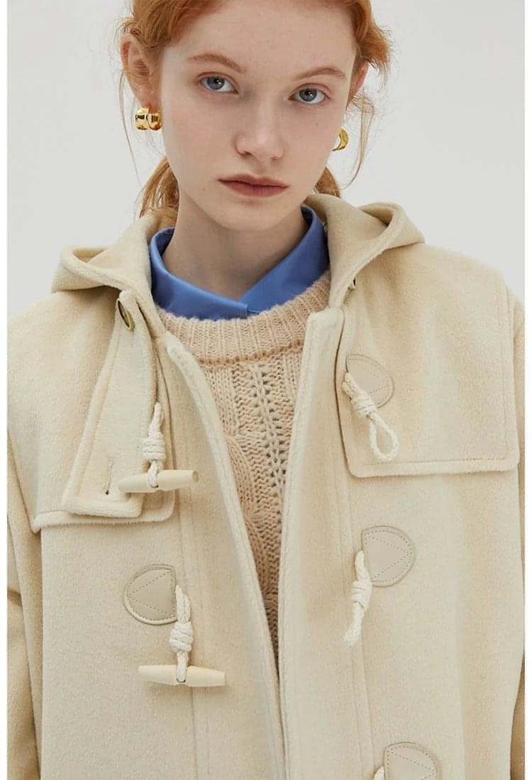 Winter Thicken College Style Hooded Mid-length Melton Wool Coat