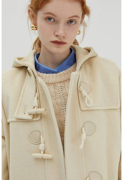 Winter Thicken College Style Hooded Mid-length Melton Wool Coat