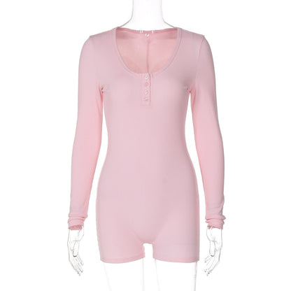 Autumn Rib Color U Collar Breasted Tight Sports Yoga Jumpsuit