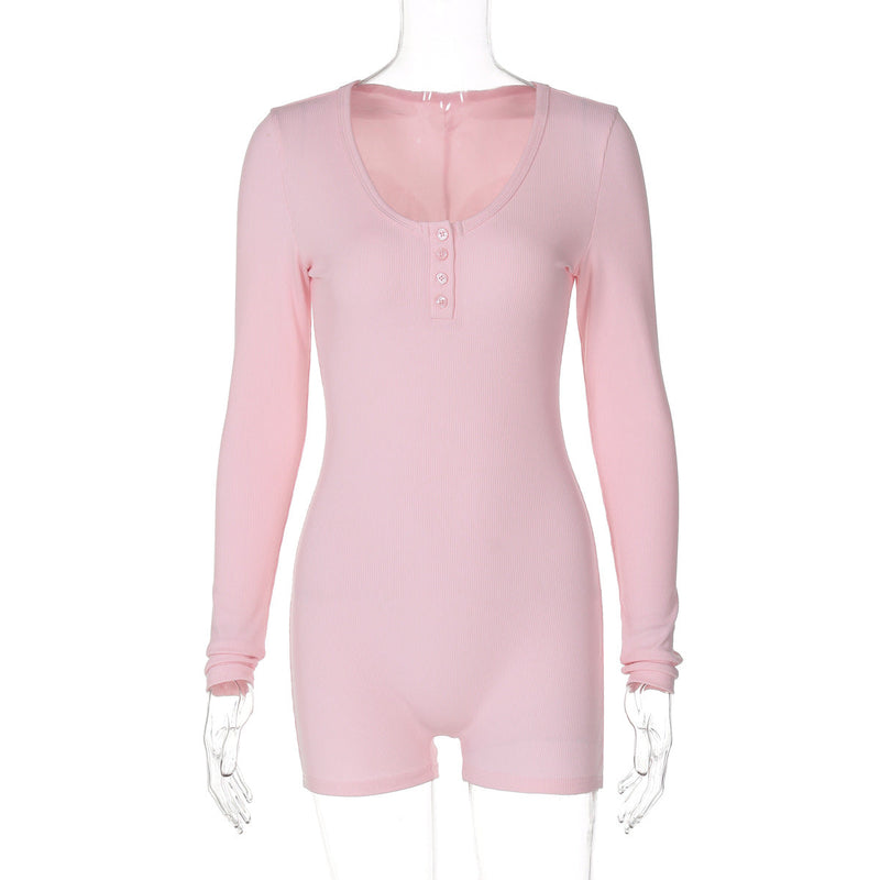 Autumn Rib Color U Collar Breasted Tight Sports Yoga Jumpsuit