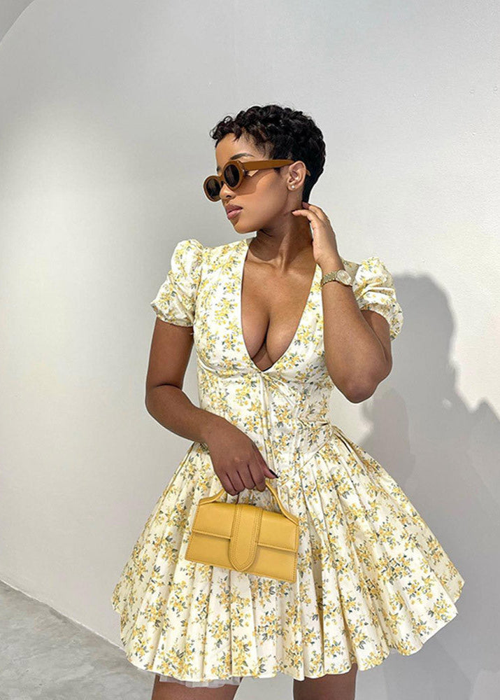 Sunlit Bloom Puff-sleeve Mini Dress