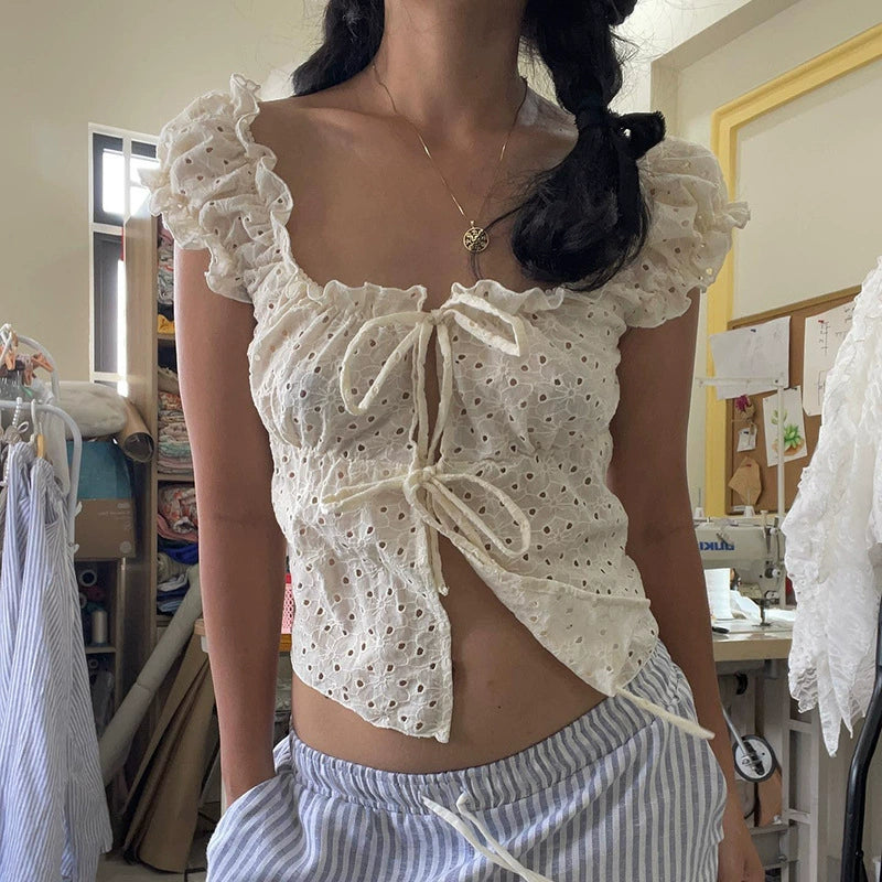 Mora Eyelet Tie-front Blouse