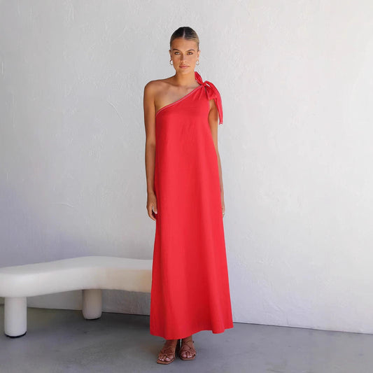 Summer Halter One Shoulder Lace Up Color Maxi Dress Dress