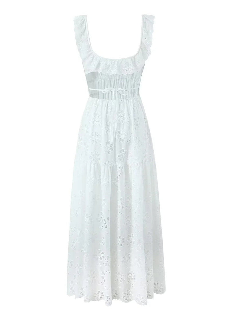 Fiorella Embroidered Maxi Dress – Eyelet Cotton Dress With Open Back & Ruffle Straps