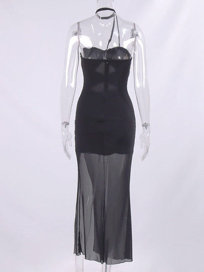 Mesh Hollow Out Cutout Backless See Through High Slit Maxi Dress