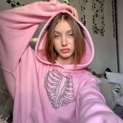 Skeleton Rhinestone Loose Hooded Sweatshirt Top Autumn Winter