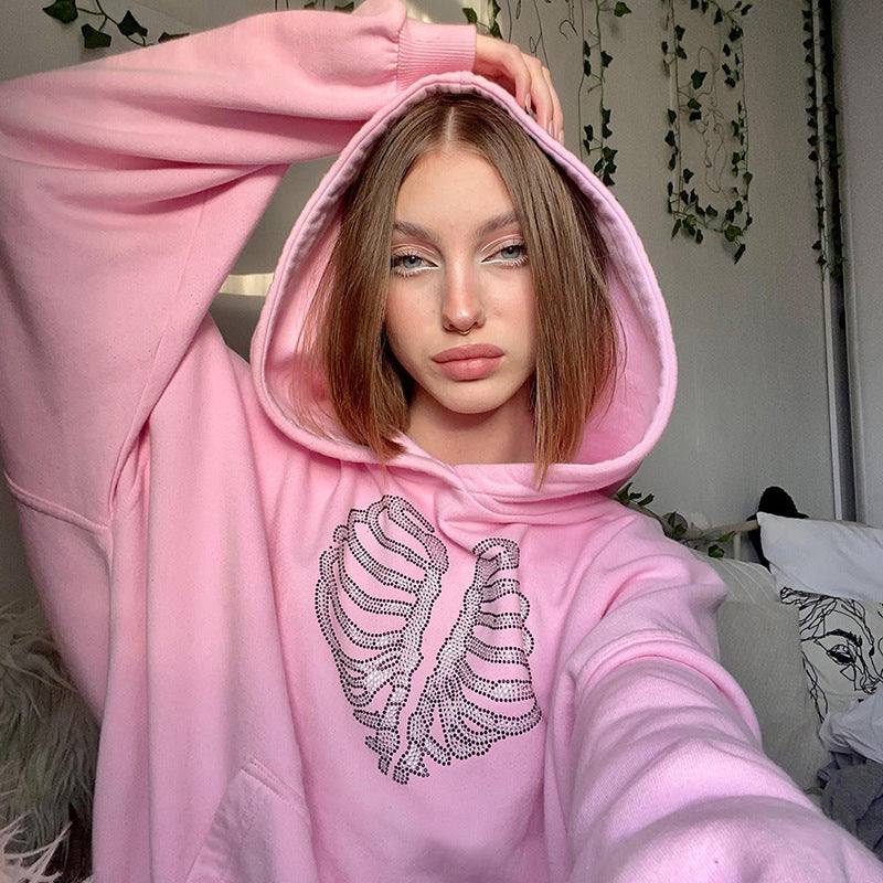Skeleton Rhinestone Loose Hooded Sweatshirt Top Autumn Winter