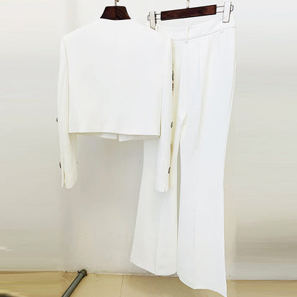 Round Neck Heavy Industry Beads Short Jacket Split Flared Pants Blazer Suit Set