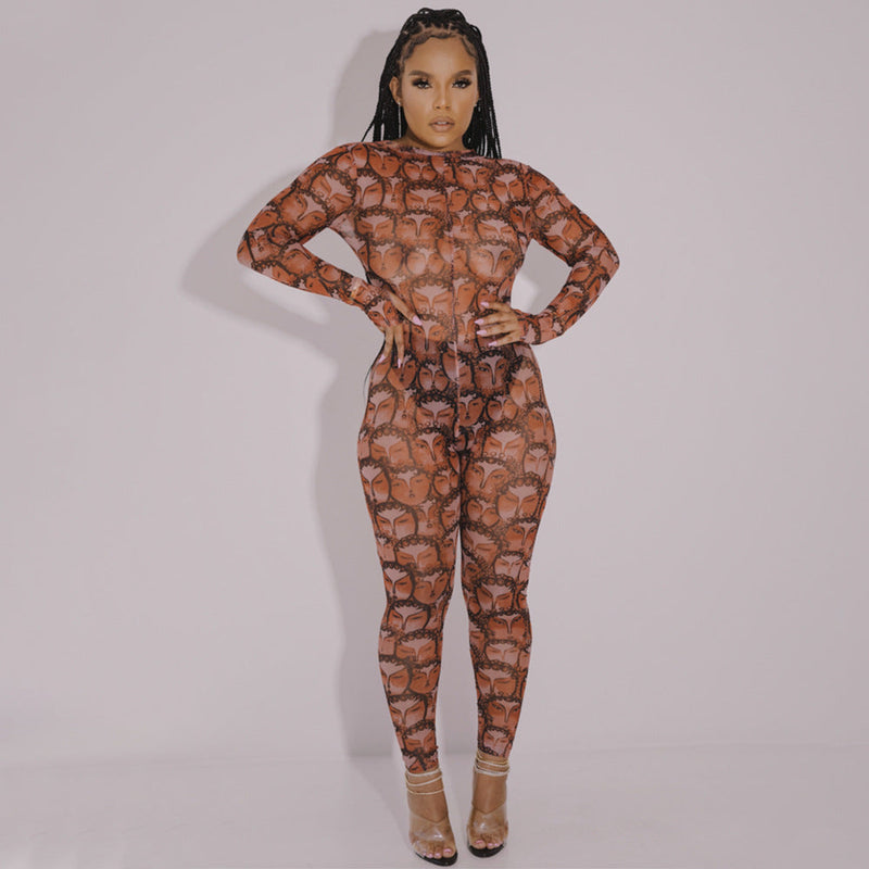 Autumn Winter Personality Printed See Through Jumpsuit