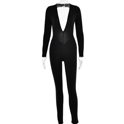 Autumn Deep V Plunge Neck Long Sleeved Leggings Backless Tight Jumpsuit