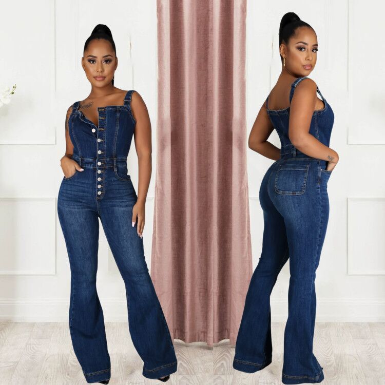 Platform Strap Denim Jumpsuit Wide Leg Pants