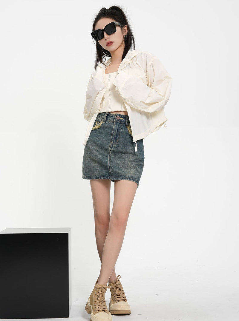 Textured Contrast Duo: Ivory Puff-sleeve Crop Blouse & Black Quilted Bomber Jacket Set
