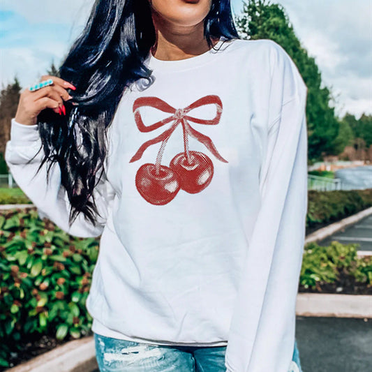 Street Hipster Bow Cherry Drop Shoulder Loose Long Sleeve Sweatershirt Autumn Winter Clothing