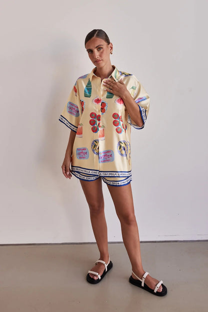 Summer Homewear Cartoon Collared Cardigan Short Sleeve Shorts Sets