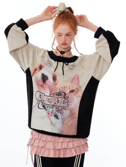 Cat and Dog Print Two-tone Sweatshirt