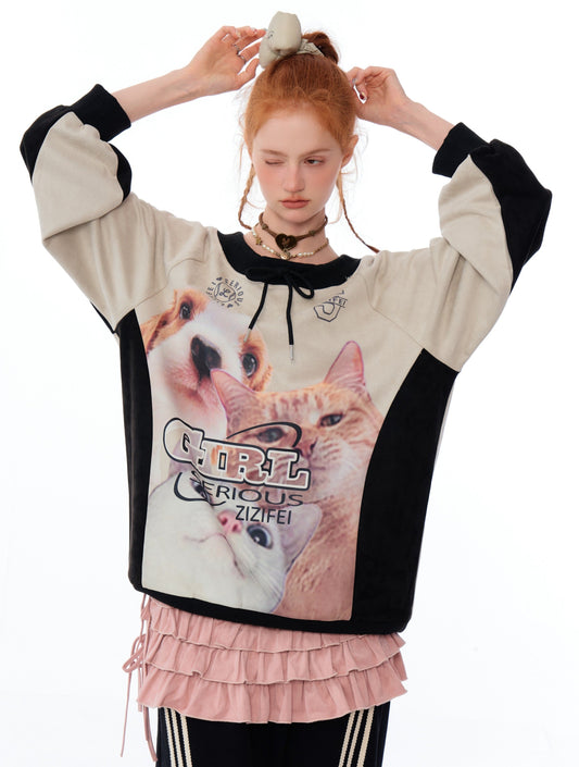 Cat and Dog Print Two-tone Sweatshirt